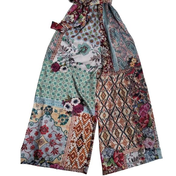 ZARA Paparazzi Patchwork Floral Geometric Belted Multicolor Jumpsuit Size S - Picture 10 of 12